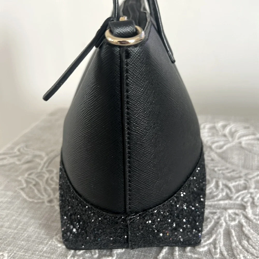 Kate Spade NY Black Greta Court Glitter & Staffiano  Satchel Bag